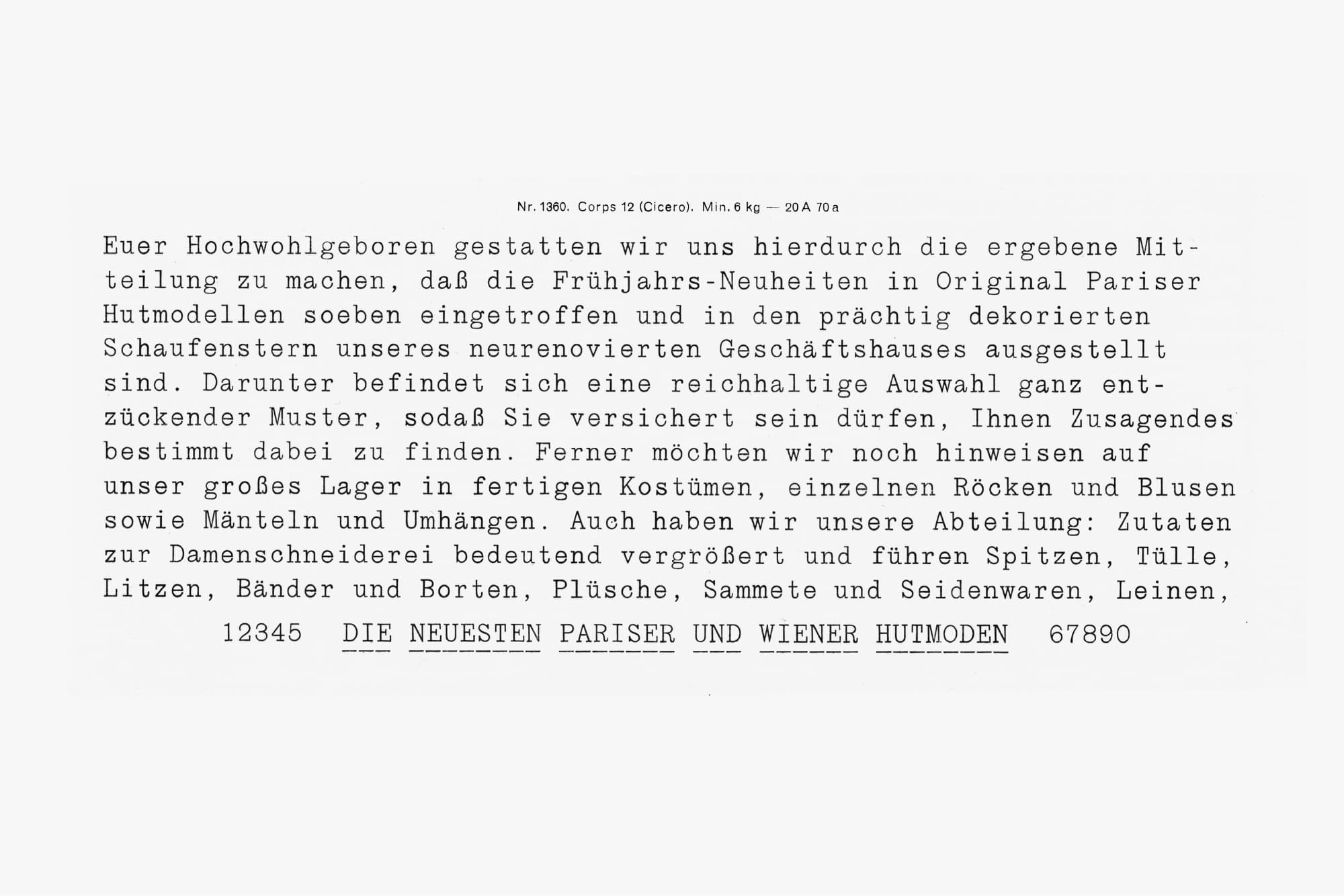 Bauerschen Giesserei Hauptprobe,&nbsp;Schreibmaschinenschrift Nr. 1360, 1907. Private Collection, Berlin. Page 132.