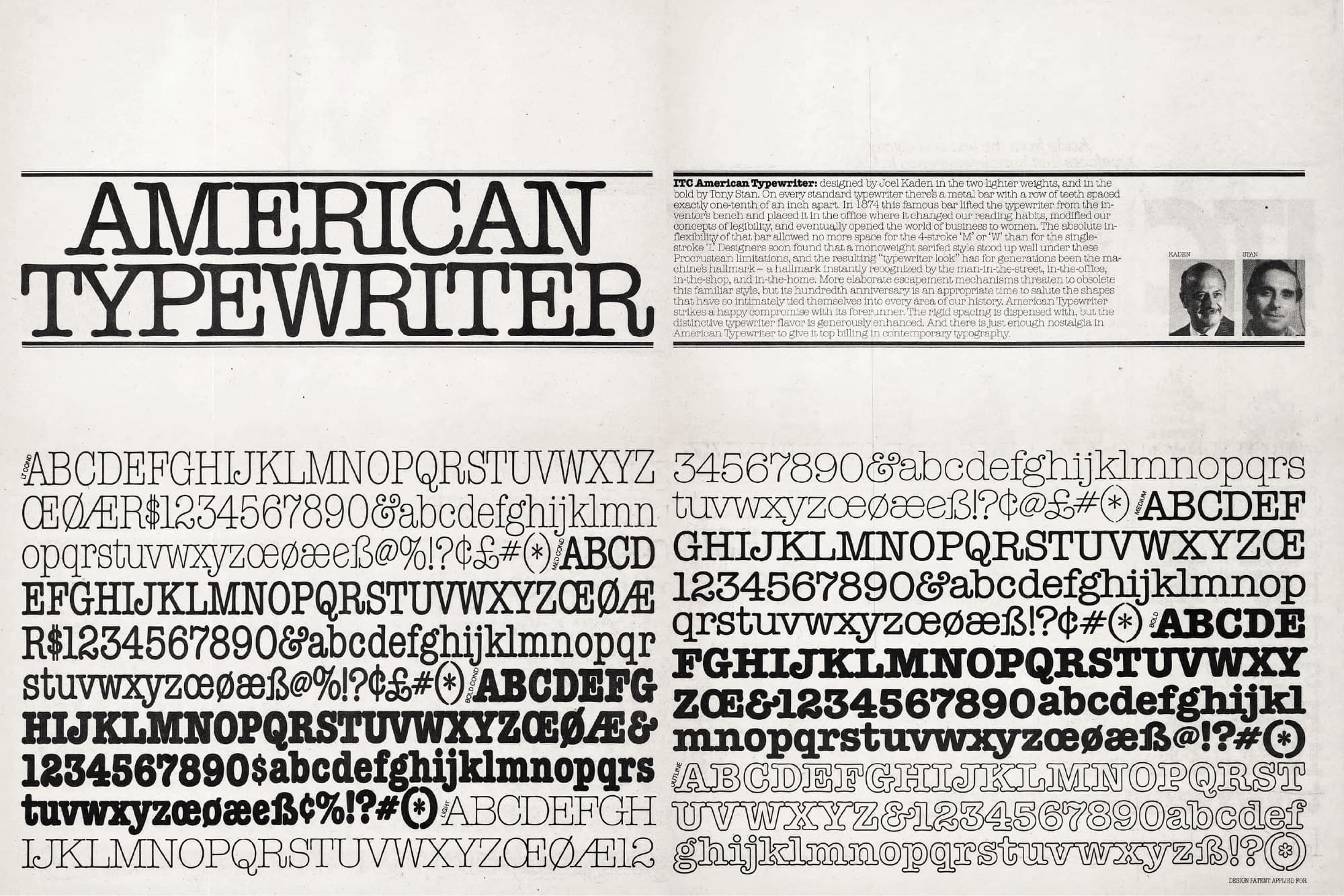 Joel Kaden, Tony Stan, ITC American Typewriter, 1974. U&lc Vol. 1, No. 3.,p. 28&ndash;29.