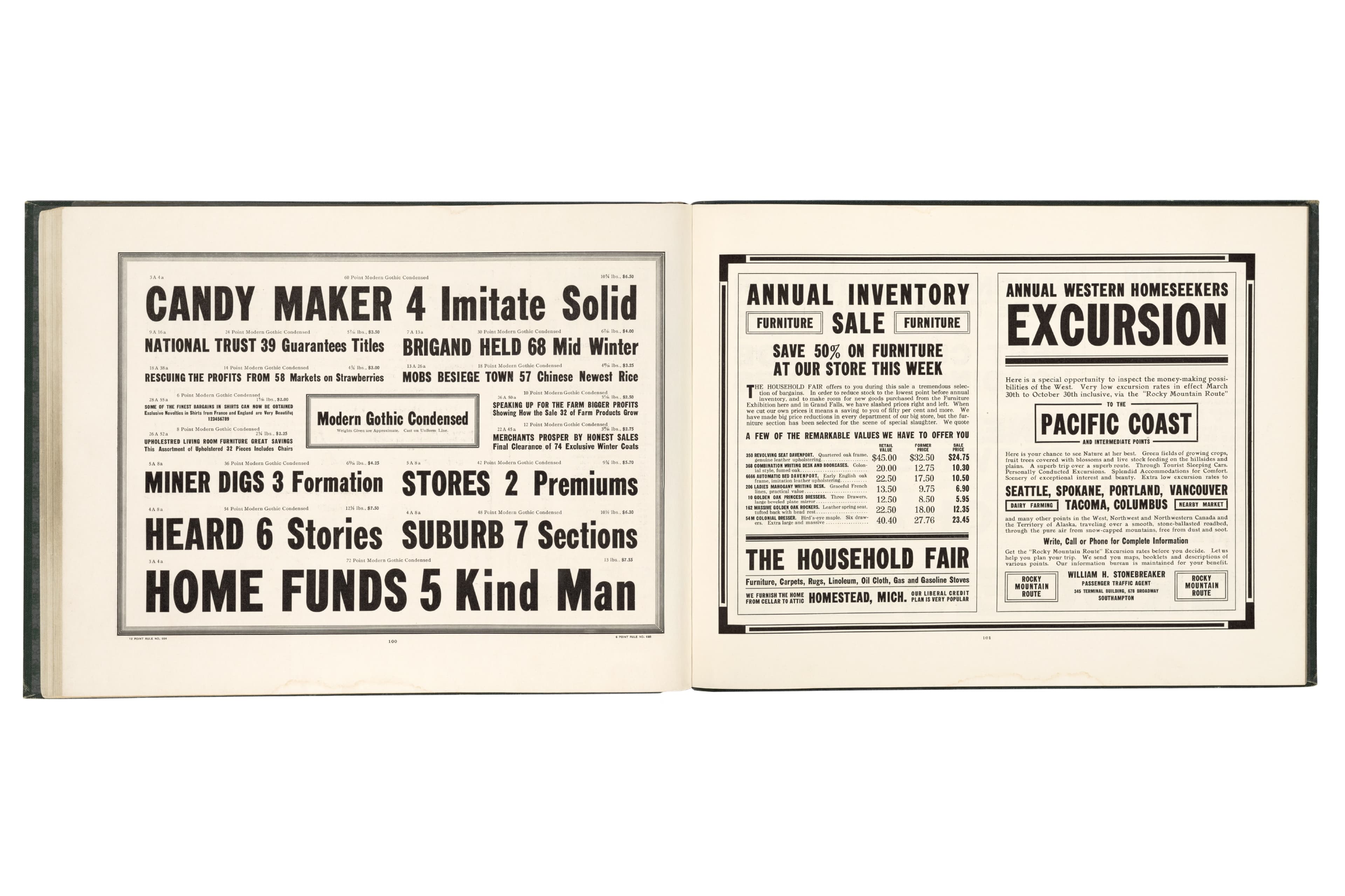 Modern Gothic Condensed, Preferred Type Faces. Book Number 10. Barnhart Bros. & Spindler, 1912